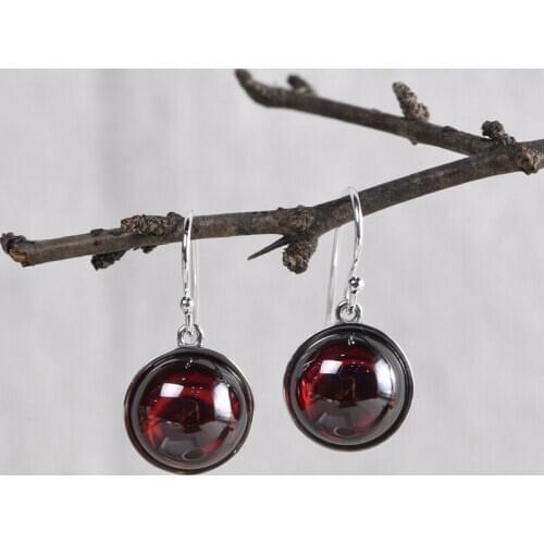 FNJ Vintage Round Red Zircon Earrings 925 Silver Original Pure S925 Sterling Silver Drop Earring for Women Jewelry