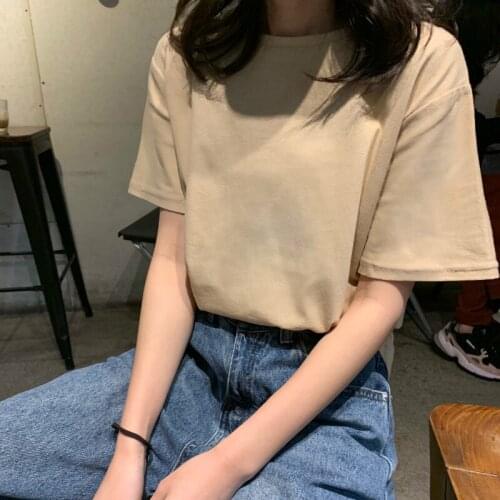 Polyester Climbing T Shirt Women Summer New Oversized Solid Tees 18 Color Casual Loose T Shirt Korean O Neck Female Tops S-XXL
