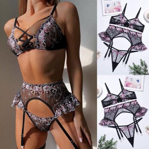 3Pcs Women Lingerie Set Embroidery Sheer Spaghetti Strap Bra + Thongs + Waistband Garters Suit for Girls sexy lingerie lace bra