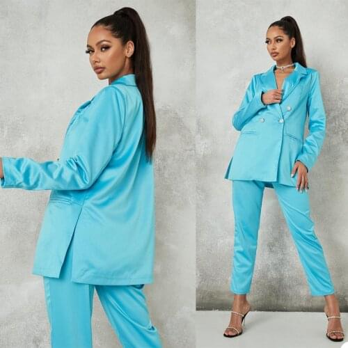 Blue Satin Silk Women Pants Suits Celebrity Red Carpet Double Breasted Blazer Suit Ladies Prom Party Wedding Wear(Jacket+Pants)