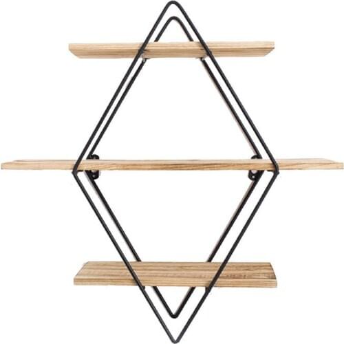 Creative Living Room Diamond Iron Floating Wall Shelf Hanging Wooden Wall Shelves for Books Metal Stand Decoration Bedroom Items