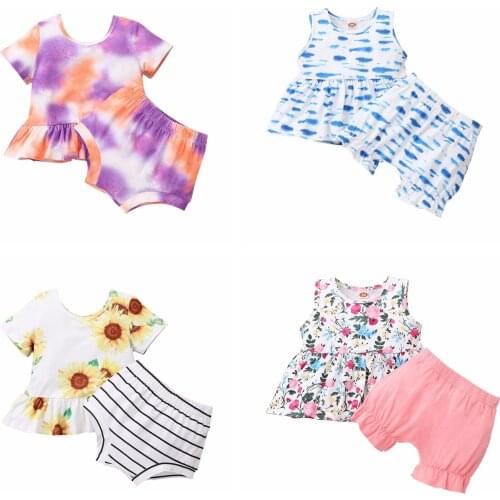 2Pcs Toddler Summer Outfit, Tie-Dye O-Neck Short Sleeves Blouse + Elastic Waist Shorts for Baby Girls, 3-18 Months