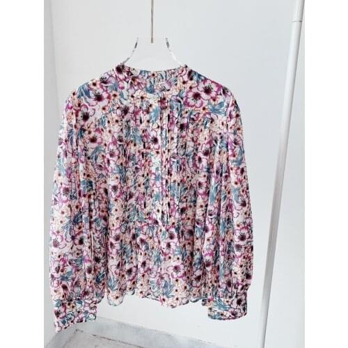 2021 summer pink Floral Print Cotton Shirt Round Neck Long Sleeves Front Buttons Fashion Blouse Tops