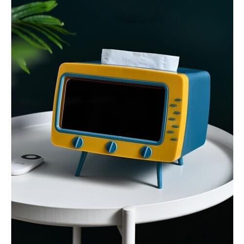 Multifunctional Tissue Box Creative Desktop TV Retro Storage Box with Mobile Phone Holder