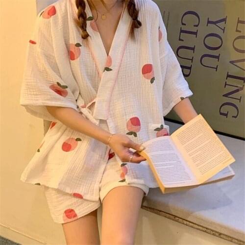 2021 New Japanese Style Clothing for Women High Quality Cute Honey Peach Printed Simple Kimono for Women V-Neck Lace-Up Pajamas