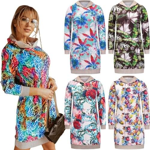 Autumn Womens Dress Print Color Hooded With Pockets Full Sleeve Loose Style Mini Female Vestido Casual Fashion Pullovers C2983