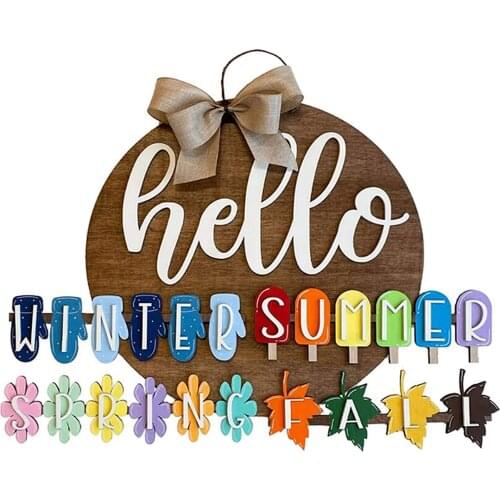 Interchangeable Hello Sign 4 Seasons Wood Sign Kit Hanging Sign Wood Front Door Porch Wall Home Decoration Home Decor LBS