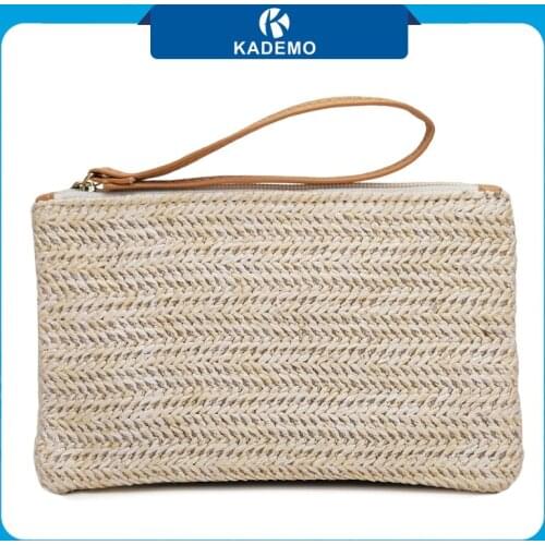 KADEMO Straw Clutch Purses For Women Zipper Clutch Bag Wallet New Bohemian Summer Beach Straw Wristlet Handbag for Women Girl