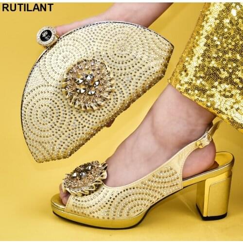 Latest Gold Color Nigerian Women Wedding Shoe and Bag Set African Shoe Italian Shoes with Matching Bags Latest Design Elegant