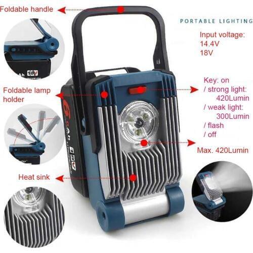 Lithium Battery LED Work Light Flash Site Lamp Torches Can be Powered by Maikita Dewalt Bosch Milwaukee M18 18V Li-ion Battery