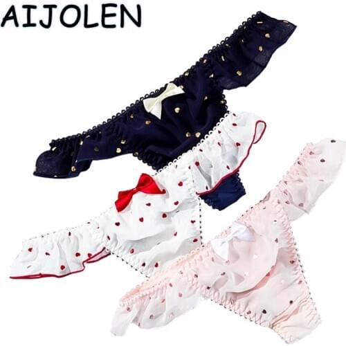 AIJOLEN Milk Silk Love Bronzing Cute Underwear Low Waist Ruffled Ladies Thong and G-String Bowknot Decoration Simple Panties