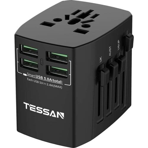All in One Charger Universal Power Strip International Travel Adapter with 4 USB Ports Portable Worldwide Plug for US EU UK AU