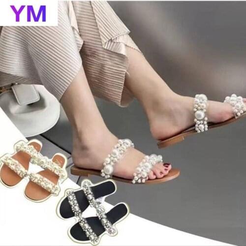2021 Summer Women Sandals Solid Color Pearl Open Toe Flat Sandals Outdoor Beach New Fashion Zapatillas Mujer Casa Plus 35-43