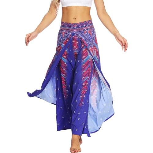 Womens Casual Wide Leg Pants Bohemian Comfy Loose Split Palazzo Yoga Pants Casual Beach Pants