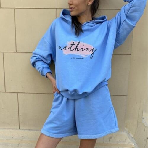 2021 Summer Casual Loose Streetwear Womens Hoodie Shorts Tracksuit Letter Print Female 2 Pieces Set Suit Long Sleeve Sportswear
