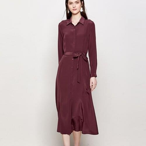 2019 Spring Natural Silk Dress 100% Mulberry Silk Women Long Sleeve Turn-down Collor Shirt Dresses M L XL FREE SHIPPING