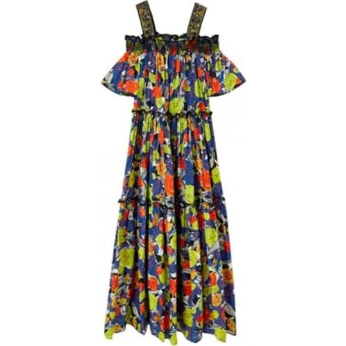 Menahem 2021 Summer Bohemian Print Flower Dress Women Off Shoulder Spaghetti Strap Ruffles Elastic Waist Beach Long Vestidos