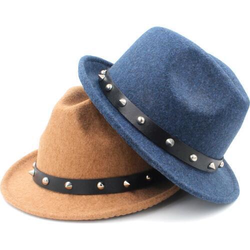100% Wool Women Men Fedora Hat For Elegant Lady Dad Cashmere Trilby Felt Homburg Church Jazz Hat With Punk Belt