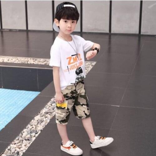 2021 Baby Boys Sets Summer Boys Fashion Letter Printed T Shirt + Camouflage Short Pants Cotton Sports Set Children Suit 4 -14 Y