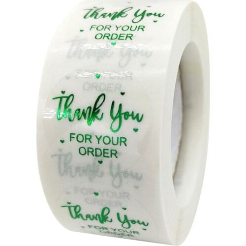 500pcs/roll Transparent Hot Stamping Green Thank You For Your Order Sealing Sticker Label 2.5cm/1inch Round Business Sticker
