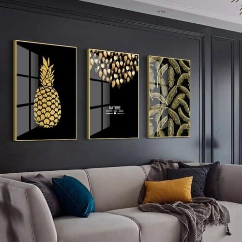Black and Gold Pineapple Monstera Plant Canvas Painting Leaf Nordic Poster Print Wall Art For Living Room Bedroom Modern Decor