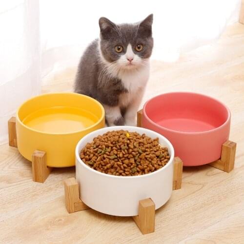 Pet Ceramic Bowl with Bamboo Stand Cat Bowl Dog Bowl Pet Drinking Bowl Food Container Cat and Dog Feeding Supplies cat feeder