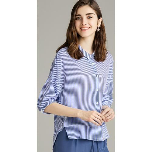 Summer Natural Silk Shirt 100% Mulberry Silk Women Turndown Collor Striped Blouse M L XL FREE SHIPPING