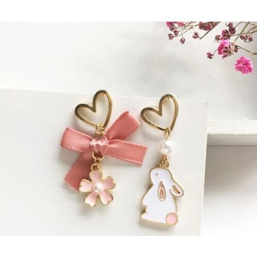 Sweet Cute Asymmetric Rabbit Cherry Blossom Earrings Elegant Female Wedding Pearl Earrings Accessories Fashion Party Jewelry