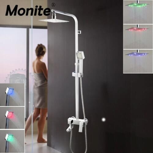Monite LED 8 Inch Bathroom Shower Set Bathtub Faucet Solid Brass Shower Mixer Tap Chrome Polish Bath Mixer Tap Shower Head