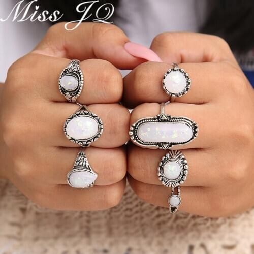 Miss JQ 7 Pcs/sets Opal Carved Flower Rings Sets For Women Antique Silver Color Personality Geometric Middle Finger Rings Set