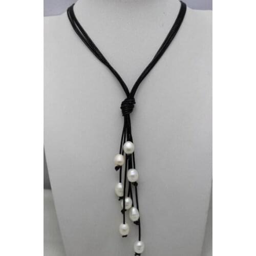New Arriver Leather Necklace Black Leather 8 Beads White Freshwater Pearl Necklace 10x12mm 20'' Handmade Pearl Jewelry
