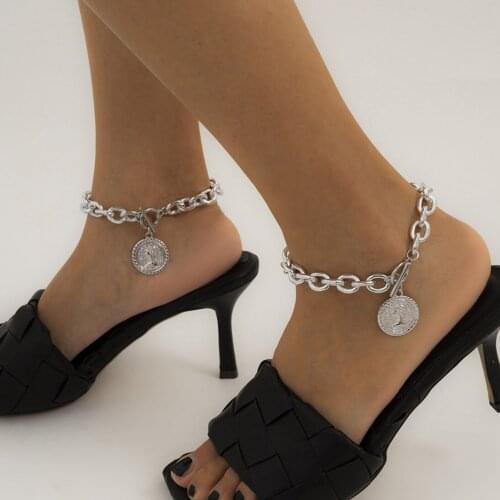 New Punk Simple Hollow Cross Thick Chain OT Buckle Anklet Trendy Female Geometric Portrait Round Card Single-layer Foot Ornament