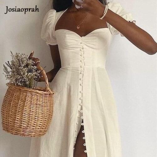 Josiaoprah short sleeve midi dress women casual beach slit dress spring summer square collar White vintage dresses vestidos