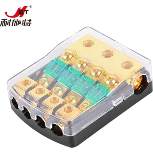 Universal 12V 30A~100A 1 In 4 Ways Car Fuse Box Holder Gold Plated Car Sound Safety Seat for Auto Boat Vehicle Audio