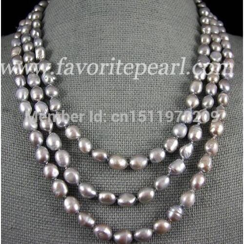 Pearl Necklace - 64-Inch 8-8.5mm AA Dark Gray Color Natural Baroque Freshwater Pearl Long Jewelry - Free Shipping