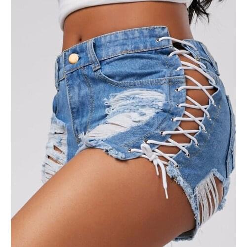 Women Sexy Tassel Lace Up Bandage Jean Shorts Summer Women Ripped Hole High Waisted Shorts Mini Skinny Night Club Denim Shorts