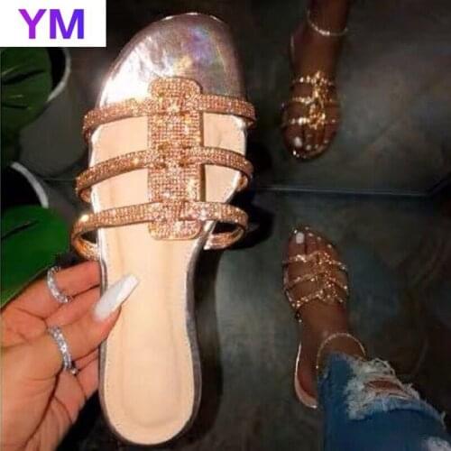 2021 New Quality Female Sandals Gold Crystal Ladies Casual Shoes Slides Big Size 36-42 Beach Sandals Sapato Feminino Gladiator