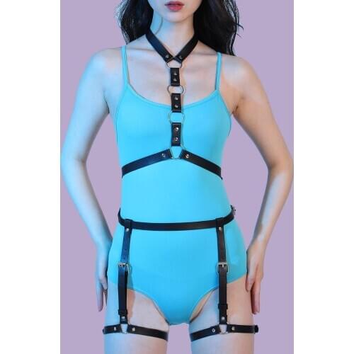 Leather Chest Harness Bra Straps Women 2 Pcs Set Waist To Leg Bondage Belt For Sex Erotic Goth Adjustable Suspender Garter Belt