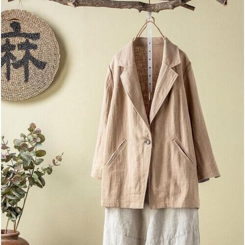 2020 Autumn Arts Style Women Long Sleeve Loose Casual Notched Collar Blazer Coat Vintage Cotton Linen Blazers High Quality M277