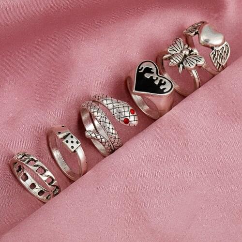 Punk Gothic Silver Color Butterfly Finger Ring Set for Women 6PCS Heart Wing Angel Wings Cupid Charms Rings Jewelry Anillos