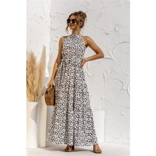 Women Summer Dress 2021 Print Floral Color Sleeveless Halter Lace Up Casual Beach Style Long Female Autumn Party Vestido C2460