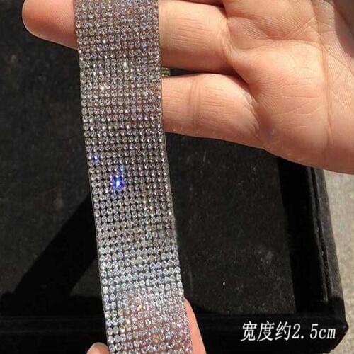 5 Yard 25mm 13 Row Width Hot Fix Silver Crystal Rhinestones Beads Ribbon Trim Lace Chain For Sewing Wedding Dress Shoes Bags DIY