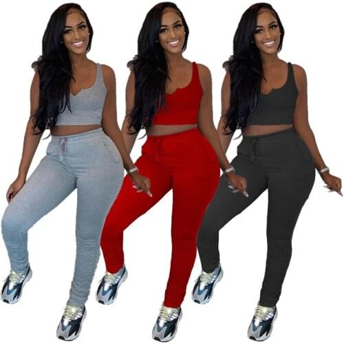 A2062 European and American womens Vest pleated loose sports two piece set