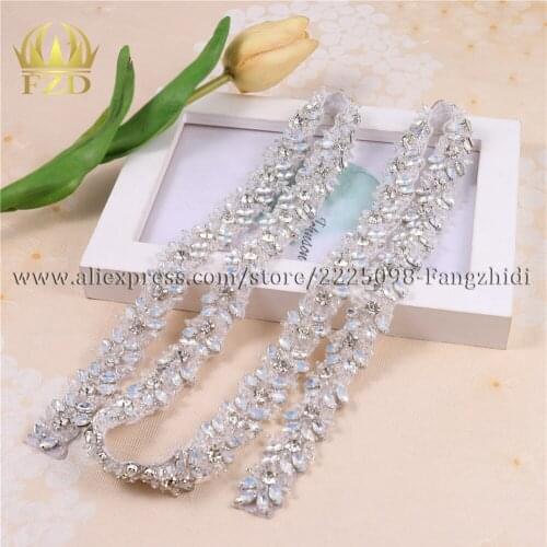 FZD 1 Yard Rhinestone opal Appliques Chain Yard Iron On Beaded Crystal Applique For Wedding Dress Glass Trimming For Garment