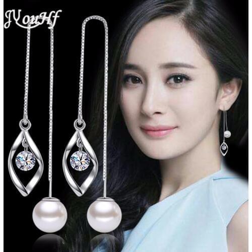 JYouHF Fashion Perfect Cut Cubic Zirconia Crystal Earrings for Women Long Ear Line with Pearl Pendant Tassel Earrings Jewelry