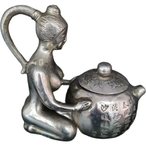 Chinese old Tibet Silver Carving Nude Female Silver Wine Pot