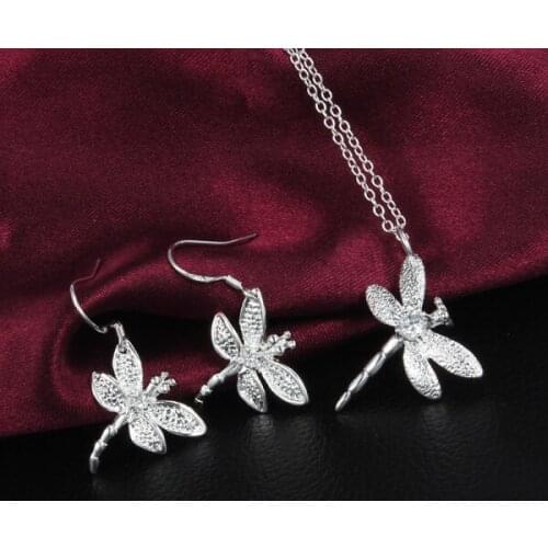 Fashion Party wedding Jewelry set 925 sterling Silver Crystal dragonfly pendant necklace earrings for Women fine Christmas gifts