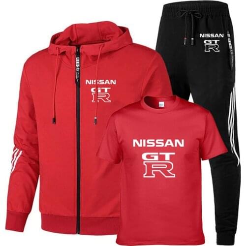 Spring Autumn Mens suit GTR Car Logo Printing High Quality Cotton Solid color stripe Mens sweatshirt+t-shirt+pants 3-piece set