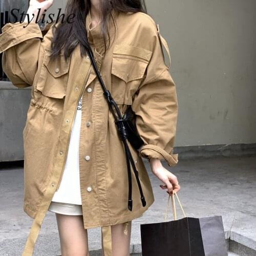 Oversized Patchwork Drawstring Jacket Women Autumn Korean Chic Stand Collar Zipper Loose Coat Female Streetwear Casual Outerwear