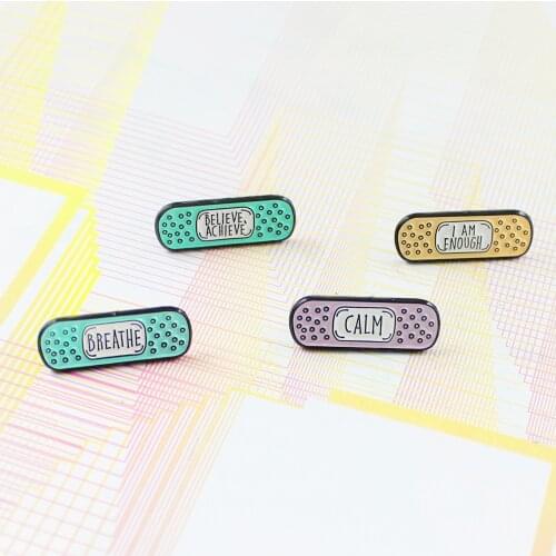 Cartoon Pins Brooch Band-Aid "I Am Enough Calm Breathe Believe Achieve" Cute Colour Bandage Plaster Enamel Pins Badge Brooch